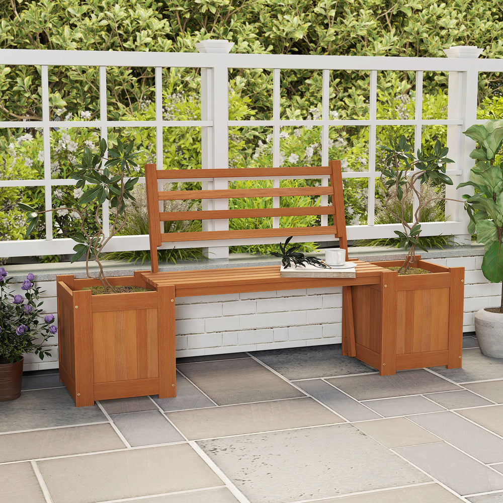 Wood planter box with bench and backrest, featuring a rustic design, ideal for garden, yard, or balcony use.