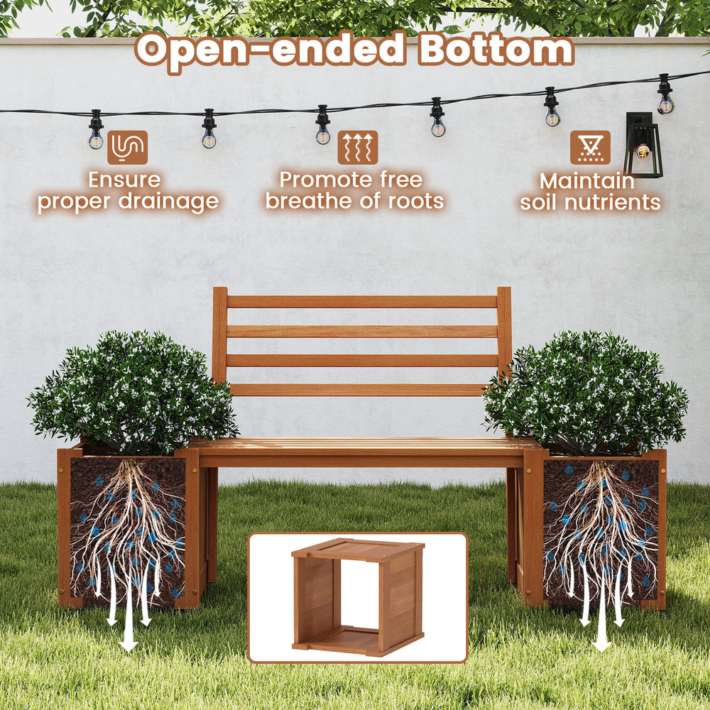 Wood planter box with bench and backrest, featuring open-ended bottom for drainage, perfect for garden or balcony use.