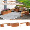 Wood planter box with bench and backrest, featuring a teak oil finish, ideal for garden and patio use.