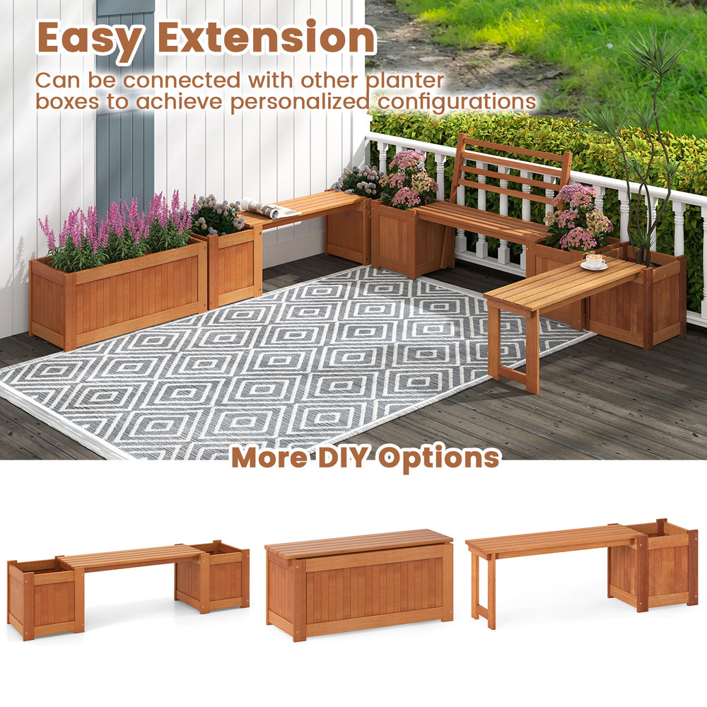 Wood planter box with bench and backrest, featuring a teak oil finish, ideal for garden and patio use.