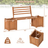 Wood planter box with bench and backrest, featuring teak oil finish, ideal for garden or balcony seating and planting.
