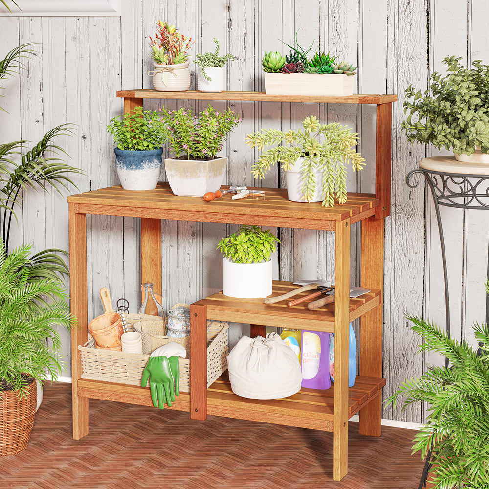 Wooden outdoor garden potting workstation with open shelves, featuring solid wood construction and ergonomic design for.