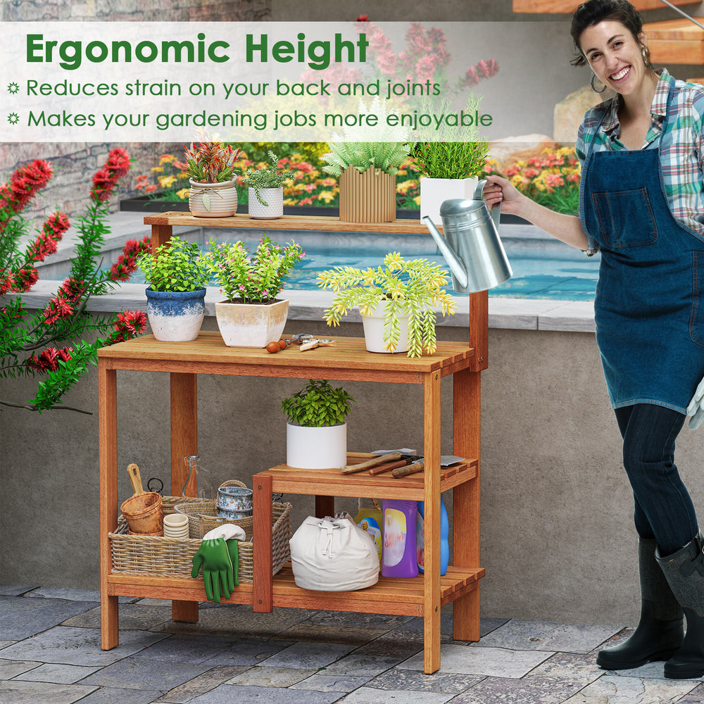 Wooden outdoor garden potting workstation with open shelves, ergonomic height for reduced strain, ideal for patio use.