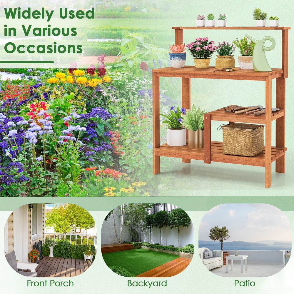 Outdoor garden potting workstation with open shelves, made of solid wood, ideal for patio, backyard, or front porch use.