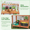 Wooden outdoor garden potting workstation with open shelves, ergonomic height, and slatted design for easy plant care.