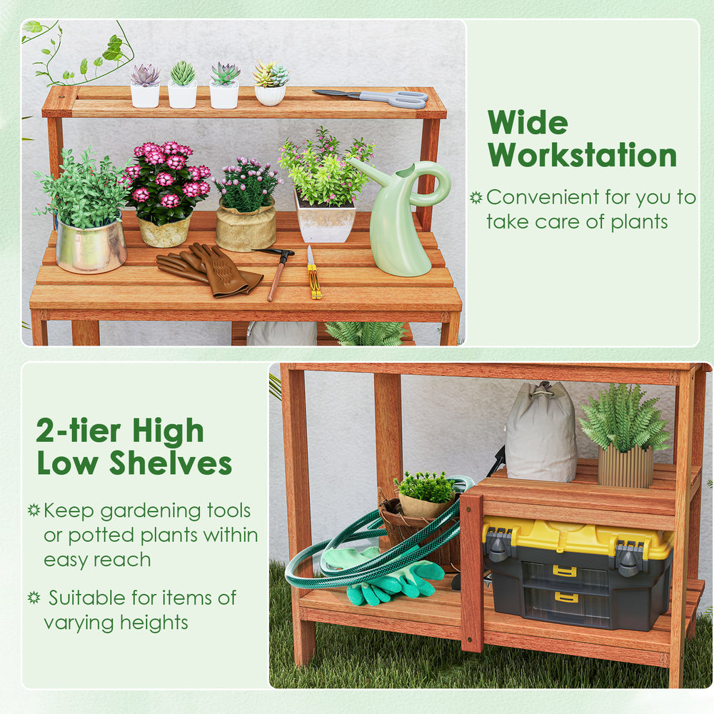 Wooden outdoor garden potting workstation with open shelves, ergonomic height, and slatted design for easy plant care.