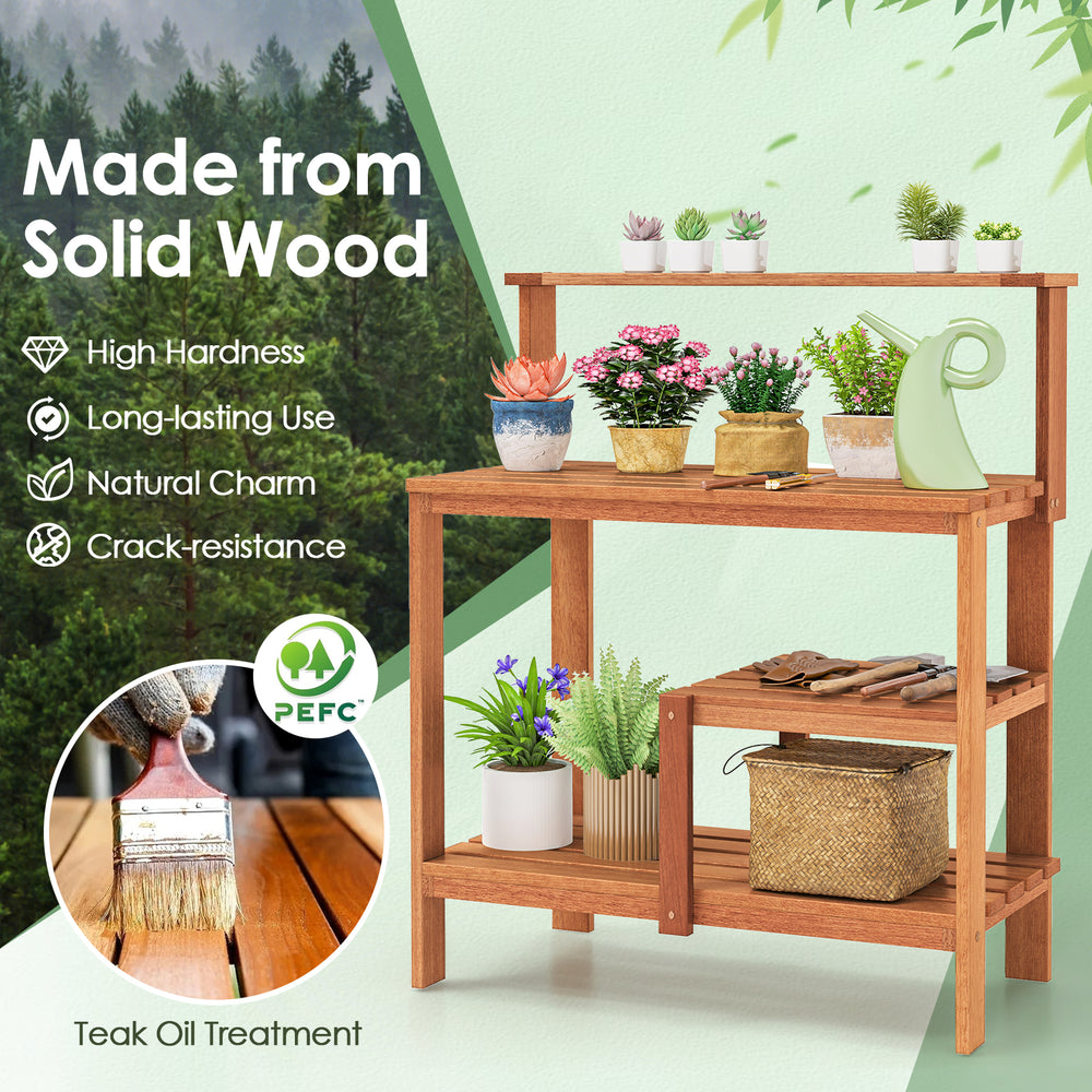Outdoor garden potting workstation made from solid wood with open shelves, featuring ergonomic height and teak oil.
