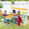 Children playing with the Fir Wood Play Kitchen and Picnic Table set, showcasing a fun outdoor cooking experience.