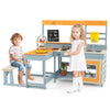 Kids play kitchen with picnic table and bench in gray fir wood, featuring realistic knobs and accessories for.