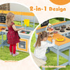 Kids enjoying the Fir Wood Play Kitchen and Picnic Table set, featuring a mud kitchen and built-in bench for outdoor.
