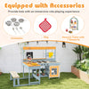 Fir wood play kitchen with picnic table and bench, featuring realistic accessories for immersive role-play in the.