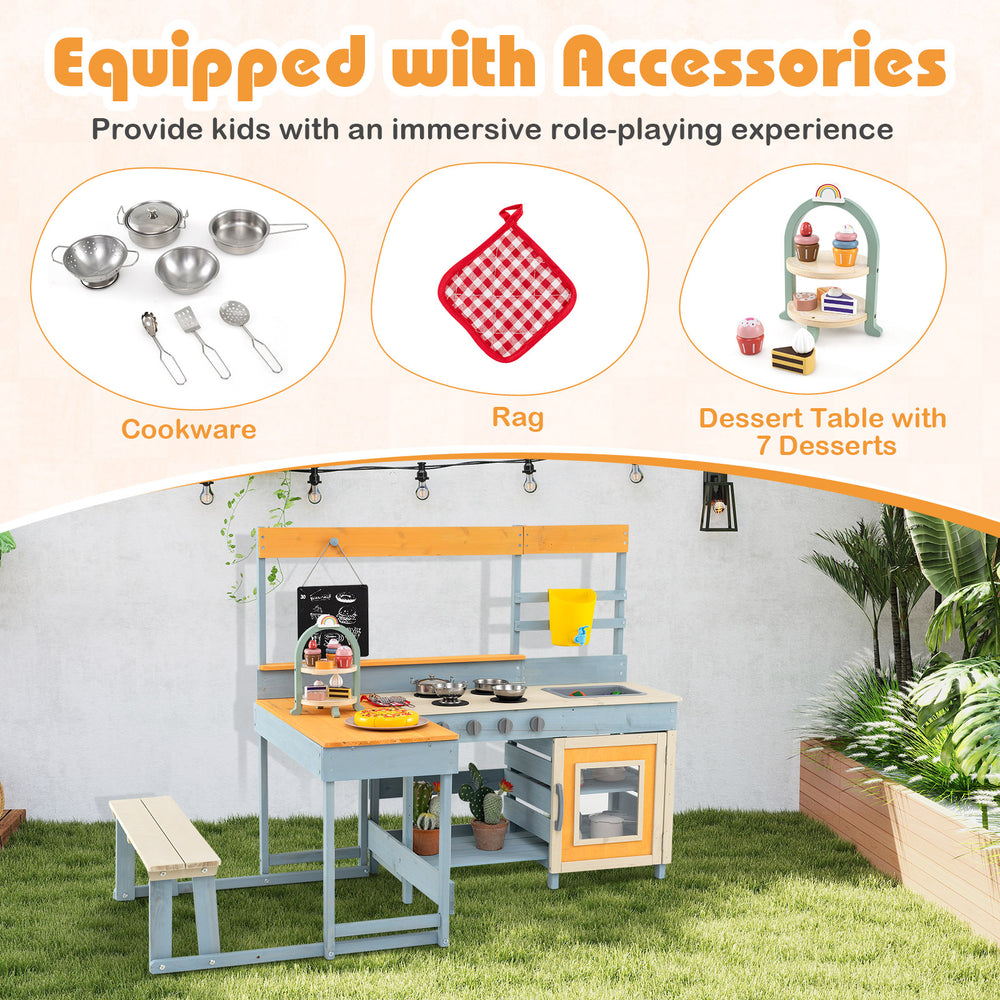 Fir wood play kitchen with picnic table and bench, featuring realistic accessories for immersive role-play in the.