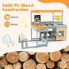 Fir wood play kitchen with picnic table and built-in bench in gray, perfect for kids' outdoor role-play and activities.