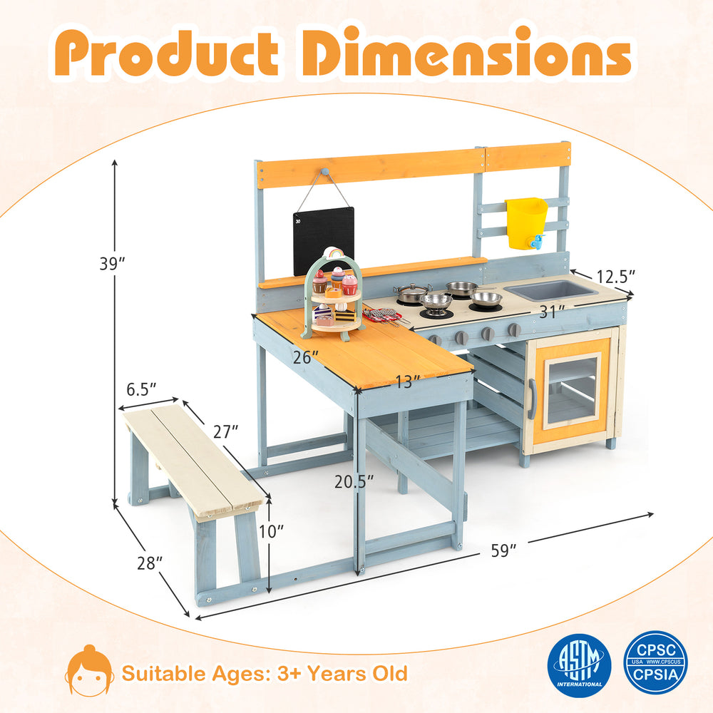 Dimensions of the Fir Wood Play Kitchen with Kids Picnic Table and Built-in Bench, designed for outdoor play and.
