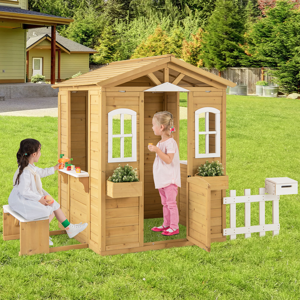 Wood playhouse with bench and serving stations, featuring windows and fence, designed for kids over 2 years old.