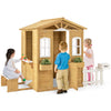 Wood playhouse with bench and serving stations, featuring windows and plant holders, ideal for kids aged 2 and up.