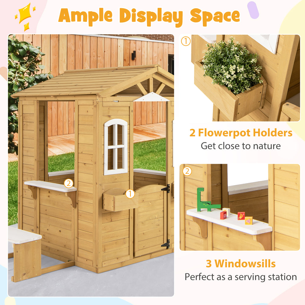 Wood playhouse featuring 2 flowerpot holders and 3 windowsills, ideal for kids' imaginative play and outdoor fun.