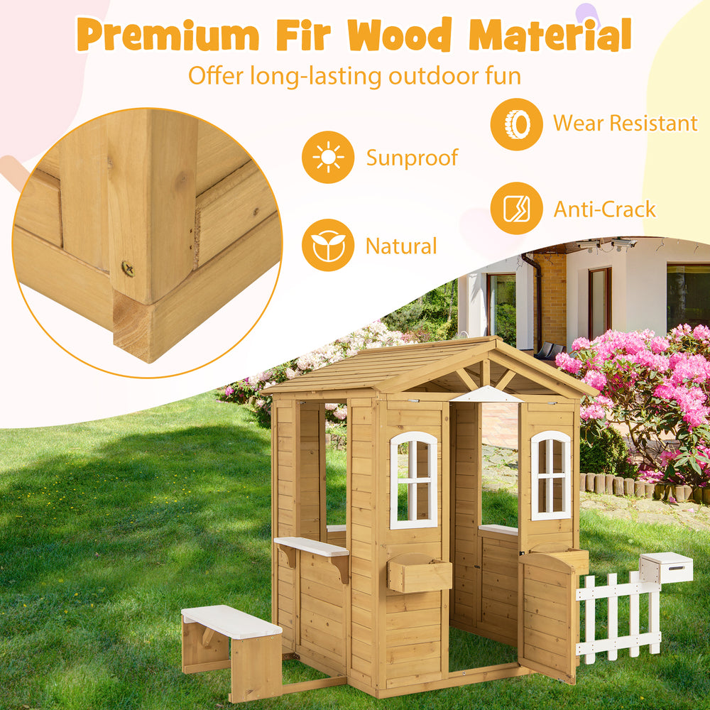 Wood playhouse made of fir wood with bench and serving stations, designed for kids over 2 years old, perfect for.