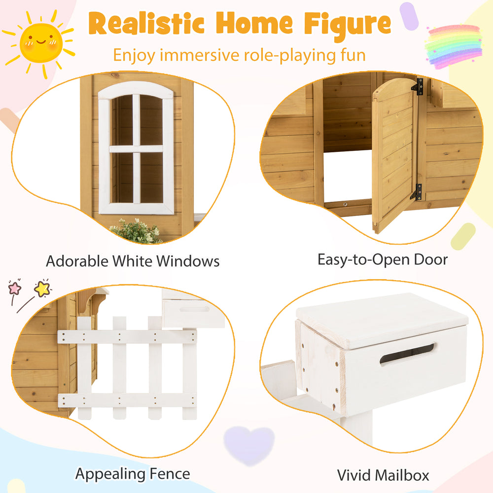 Wood playhouse featuring adorable white windows, easy-to-open door, and appealing fence for immersive pretend play.