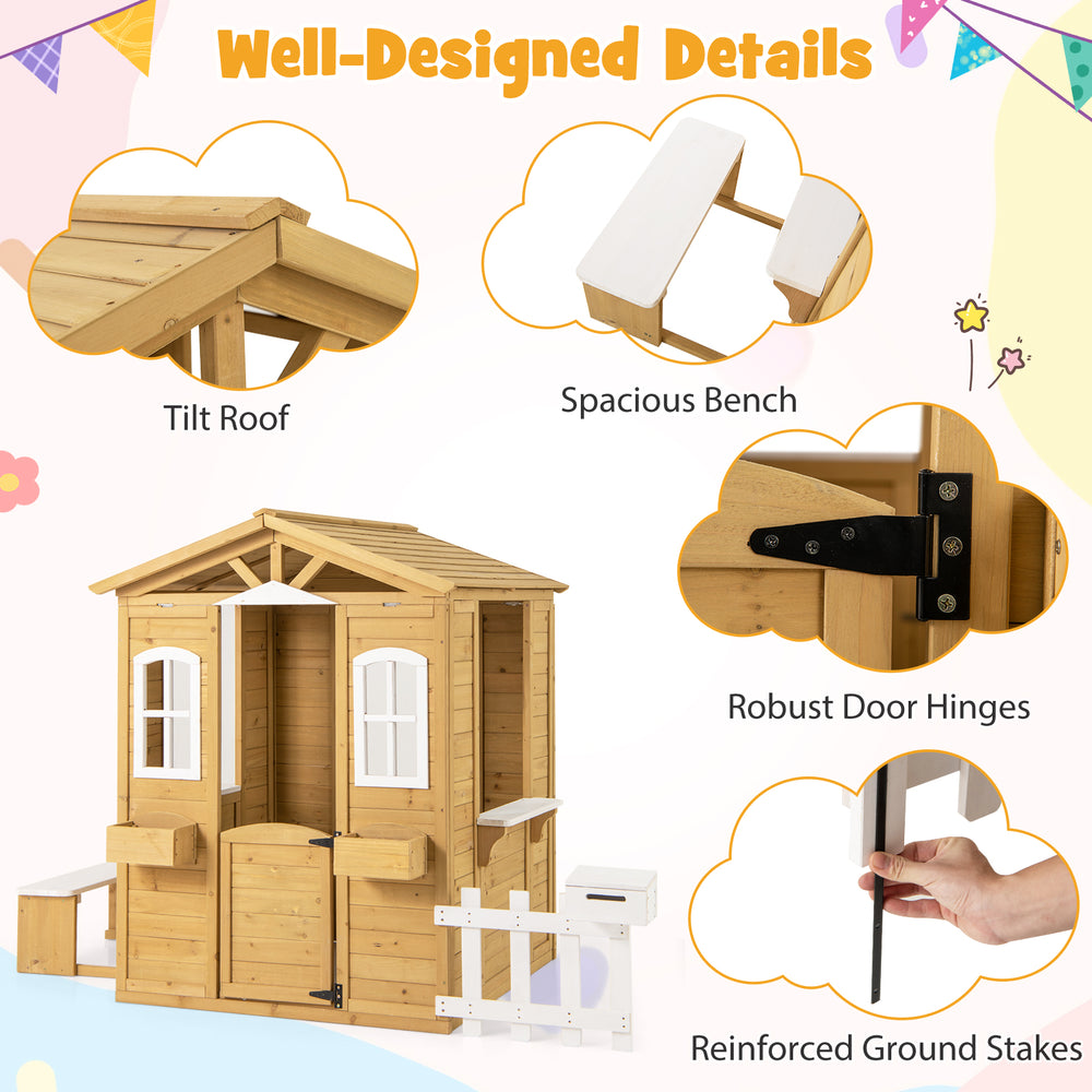Wood playhouse featuring a tilt roof, spacious bench, and robust door hinges, perfect for kids' imaginative play.