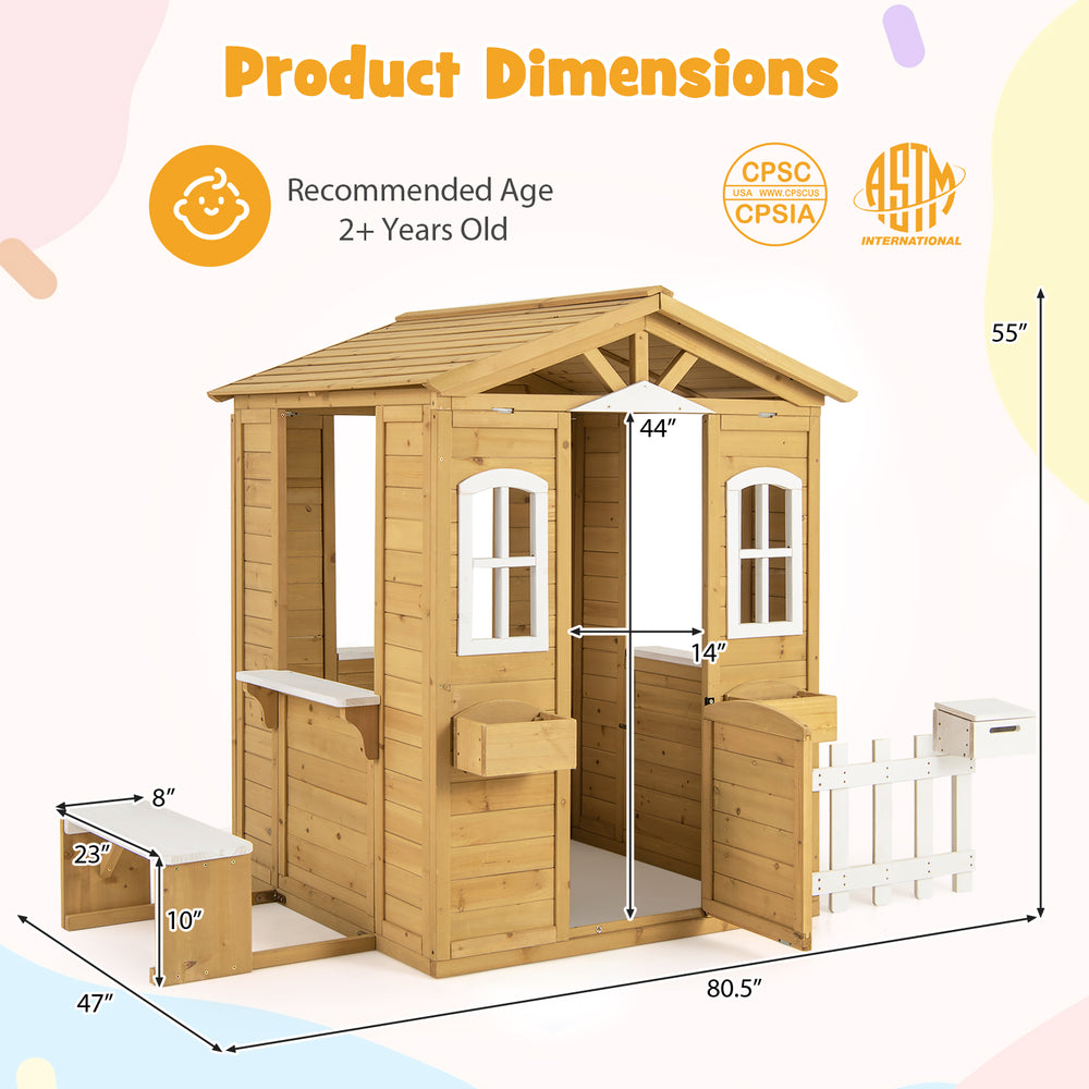 Wood playhouse with bench and serving stations, made of fir wood, designed for kids 2+ years old, featuring windows and.