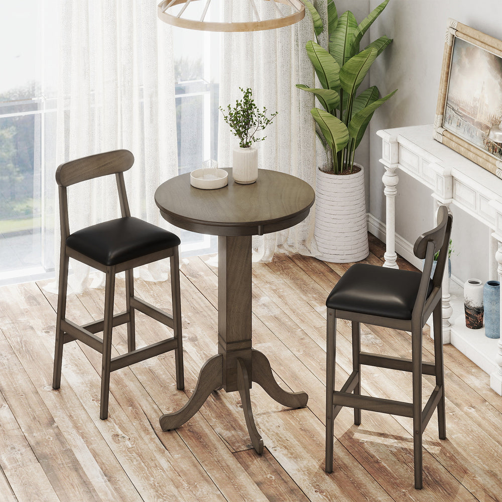 Round gray wood pub dining table with pedestal base, suitable for 2-4 people, featuring a rustic design and sturdy.