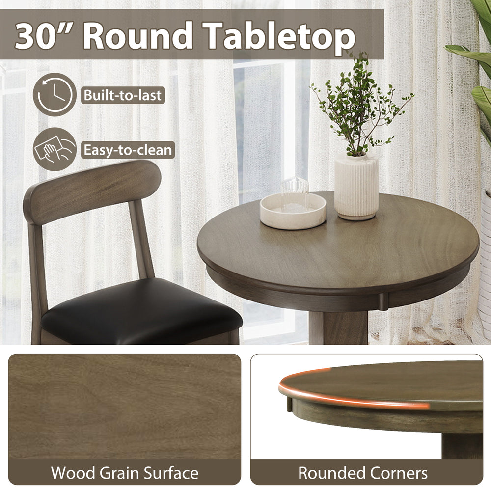 30" round dining table with a gray wood grain surface and pedestal base, perfect for 2-4 people in rustic settings.