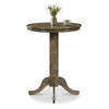 Round wood pub dining table with pedestal base in gray, spacious for 2-4 people, featuring a rustic style and sturdy.