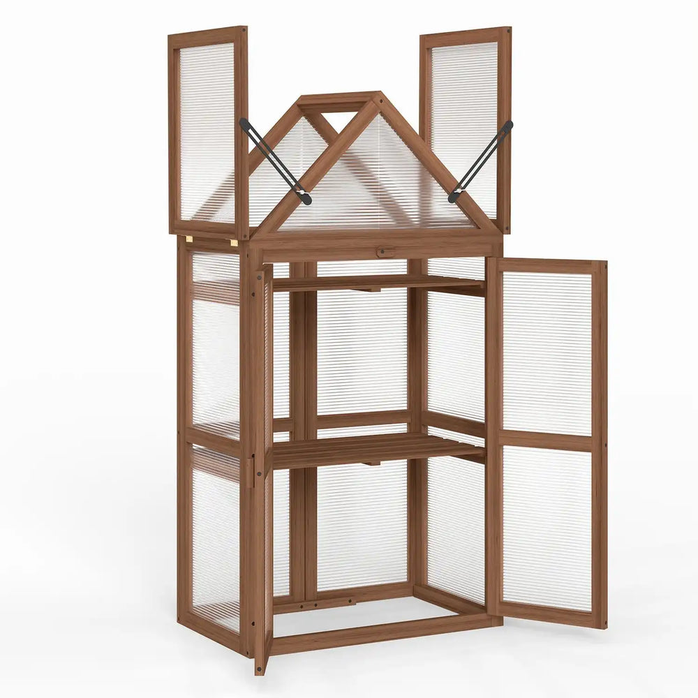 Brown wood raised flower planter shelf with open adjustable roof and double doors for year-round growing