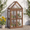 Brown wood raised flower planter shelf with adjustable shelves and transparent PVC panels for patio growing