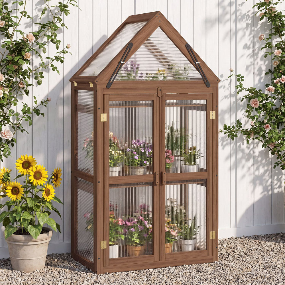 Brown wood raised flower planter shelf with adjustable shelves and transparent PVC panels for patio growing