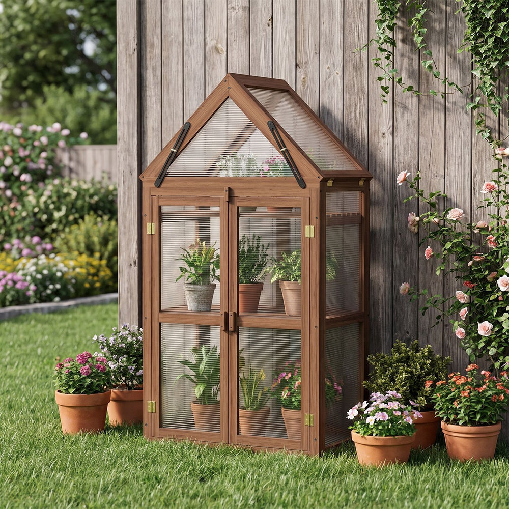 Brown wood raised flower planter shelf with adjustable shelves and transparent panels, shown outdoors on a lawn.