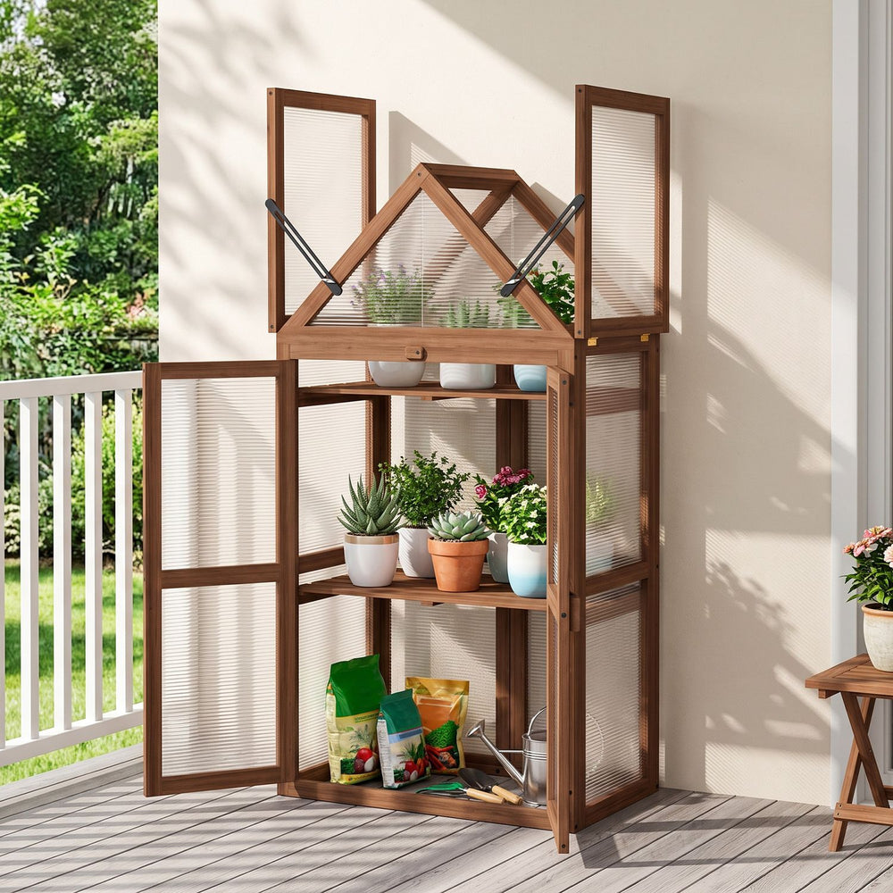 Brown wood raised flower planter shelf with adjustable shelves, open roof and double doors on a patio.