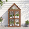 Brown wood raised flower planter shelf with adjustable shelves and transparent panels, shown front-facing on a patio.