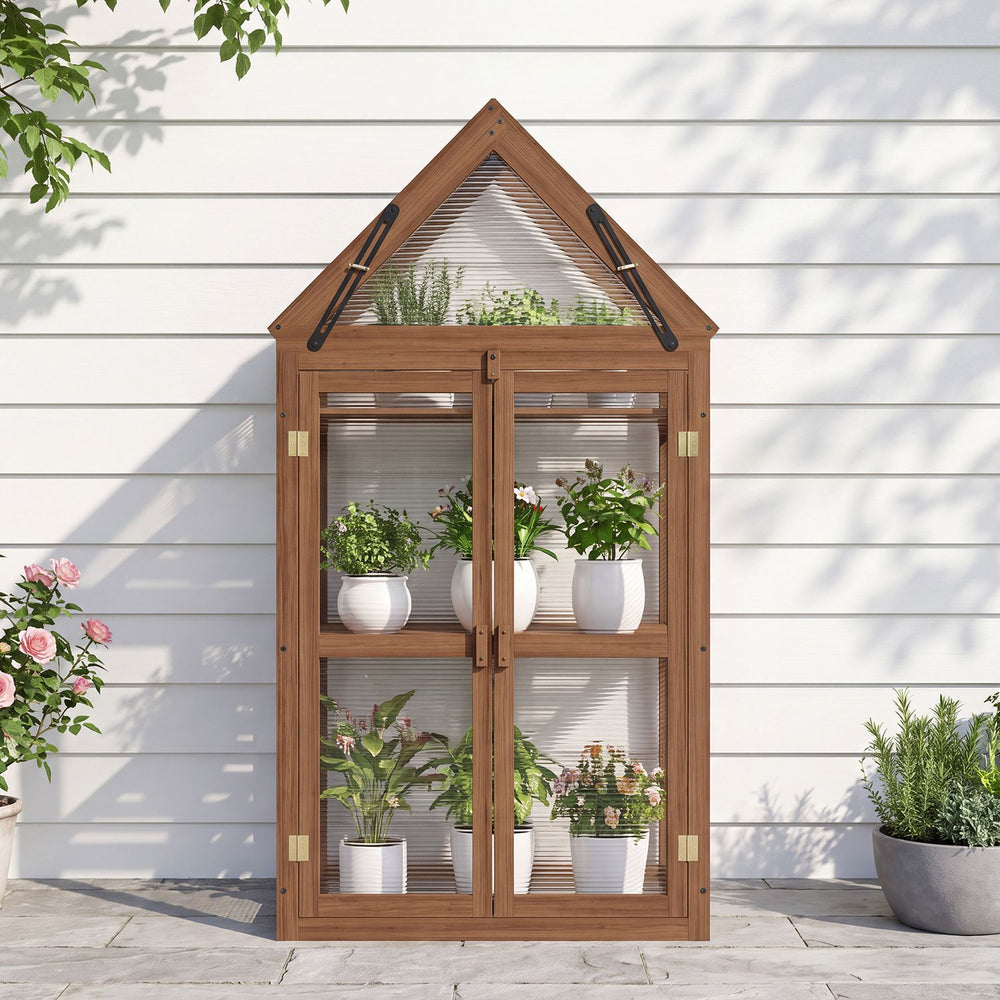Brown wood raised flower planter shelf with adjustable shelves and transparent panels, shown front-facing on a patio.