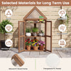 Brown wood raised flower planter shelf with transparent PVC panels and fir wood frame for outdoor growing.