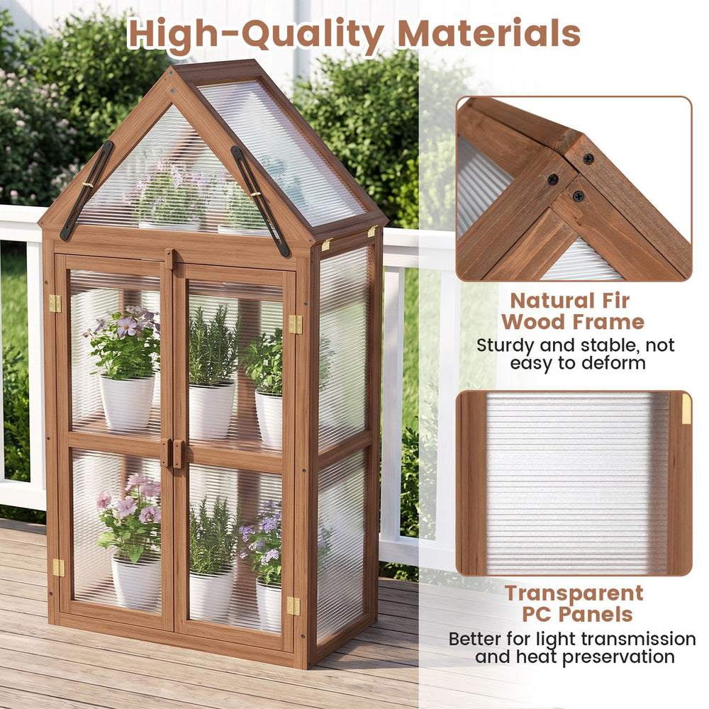 Brown wood raised flower planter shelf with transparent PVC panels, adjustable roof, and double doors for patio growing