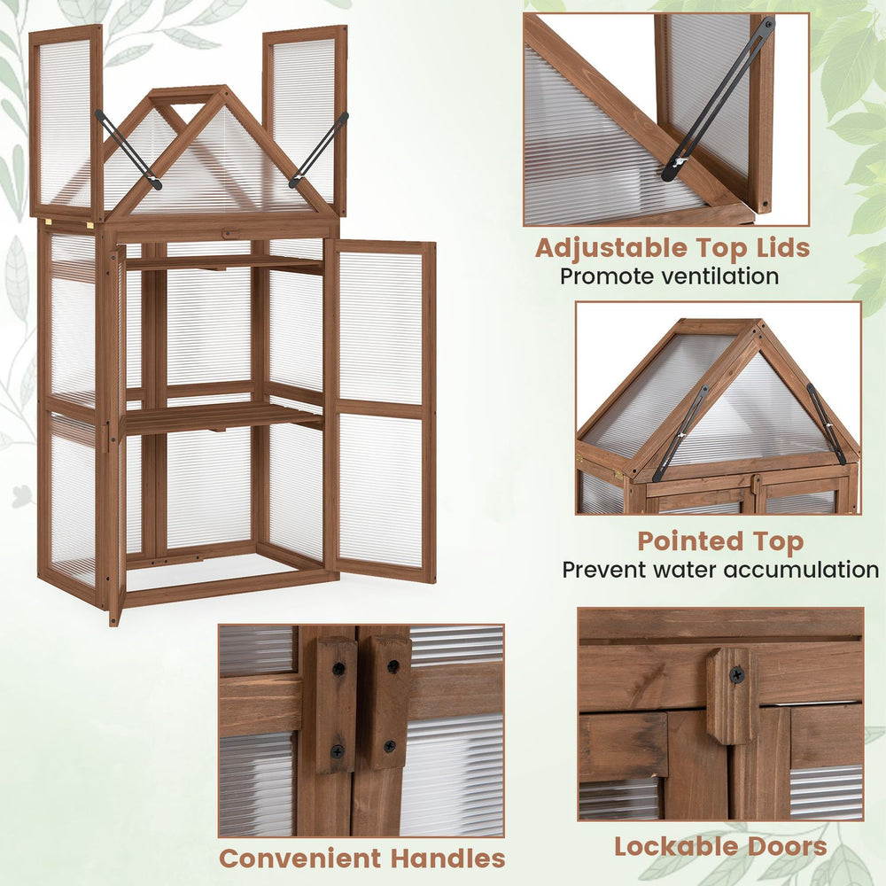 Wood raised flower planter shelf in brown with adjustable shelves, transparent PVC panels, and an opening roof for ventilation.