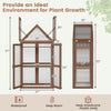 Wood raised flower planter shelf in brown, front and side dimension views show its adjustable shelves and triangular roof.