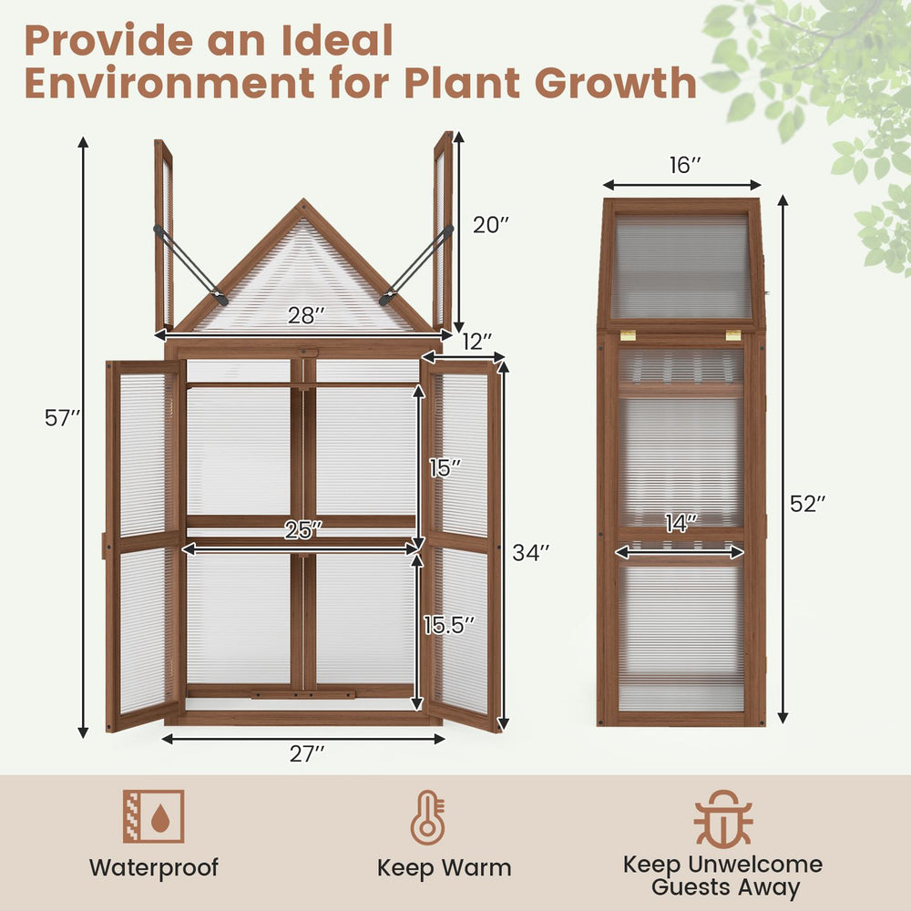 Wood raised flower planter shelf in brown, front and side dimension views show its adjustable shelves and triangular roof.
