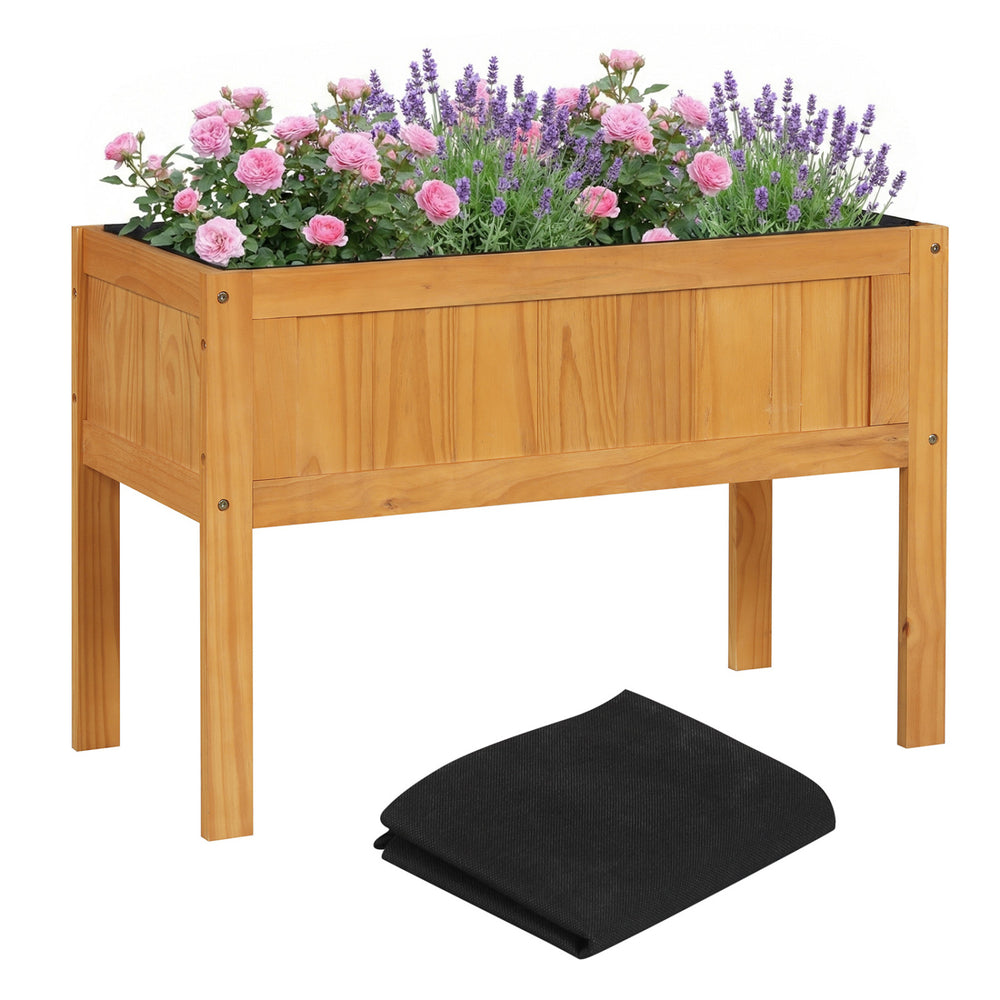 Wood raised garden bed with vibrant flowers, featuring drainage holes and a bed liner for easy planting and maintenance.