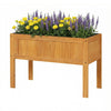 Wood raised garden bed with vibrant yellow and purple flowers, featuring drainage holes and a bed liner for optimal.