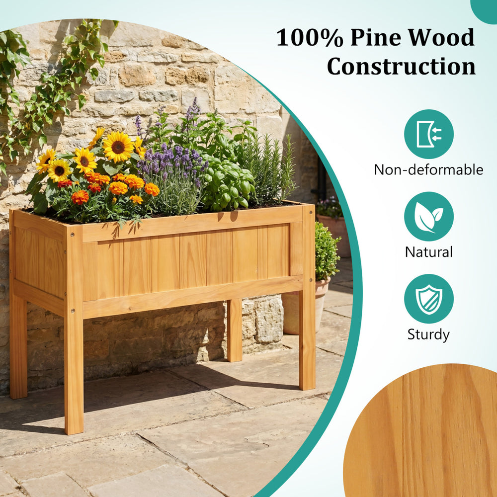 Wood raised garden bed made of 100% pine, featuring drainage holes, perfect for growing vegetables and herbs.