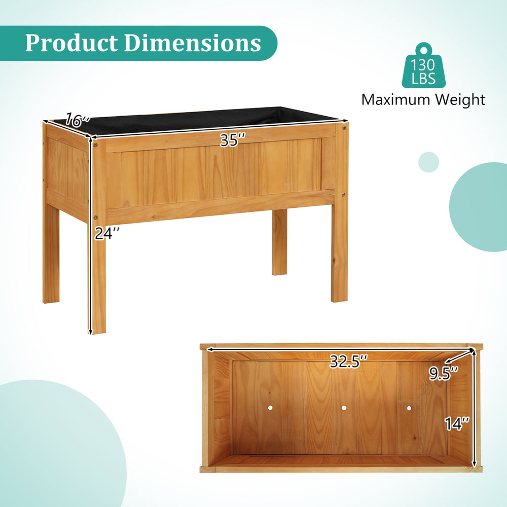 Wood raised garden bed with dimensions 35" x 24" x 16", featuring a bed liner and drainage holes for plants.