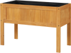 Wood raised garden bed planter box in orange with bed liner and drainage holes, ideal for growing vegetables and herbs.