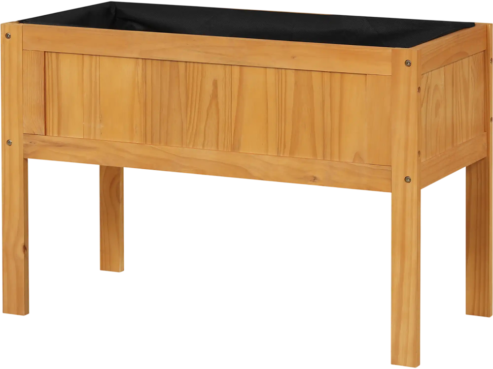 Wood raised garden bed planter box in orange with bed liner and drainage holes, ideal for growing vegetables and herbs.