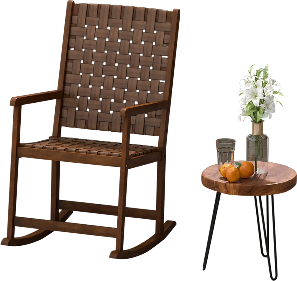 Brown patio wood rocking chair with PU seat, rubber wood frame, ideal for indoor and outdoor relaxation.