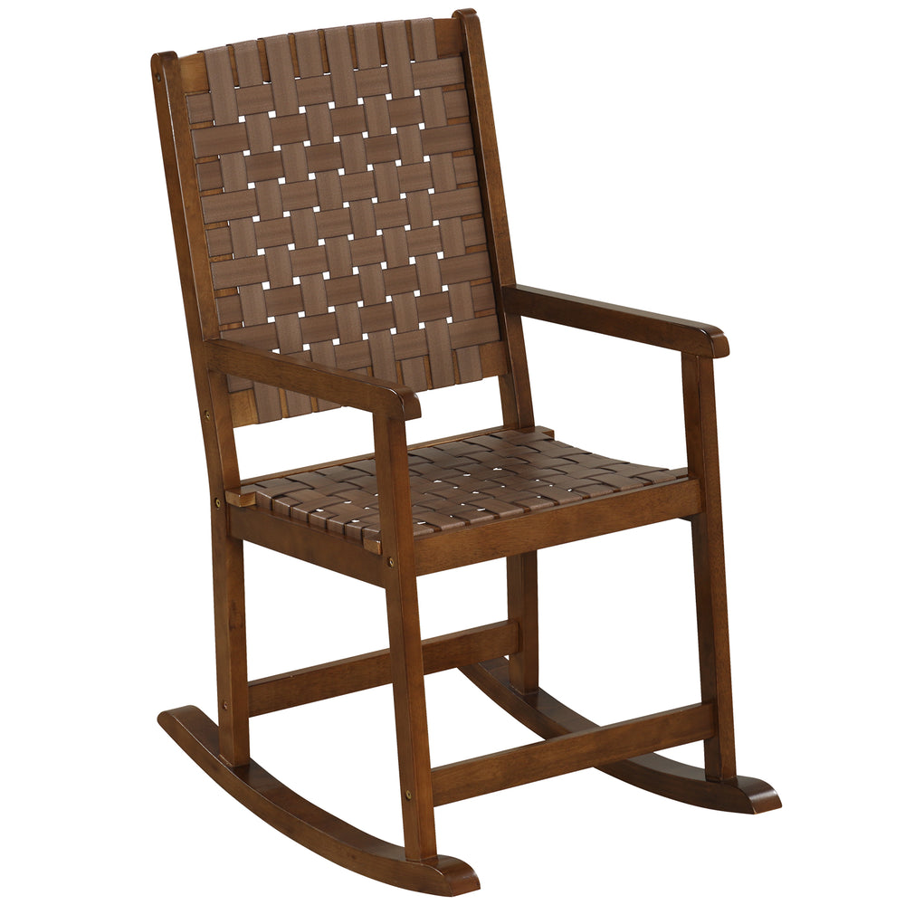 Brown patio wood rocking chair with PU leather seat, sturdy rubber wood frame, perfect for indoor and outdoor.