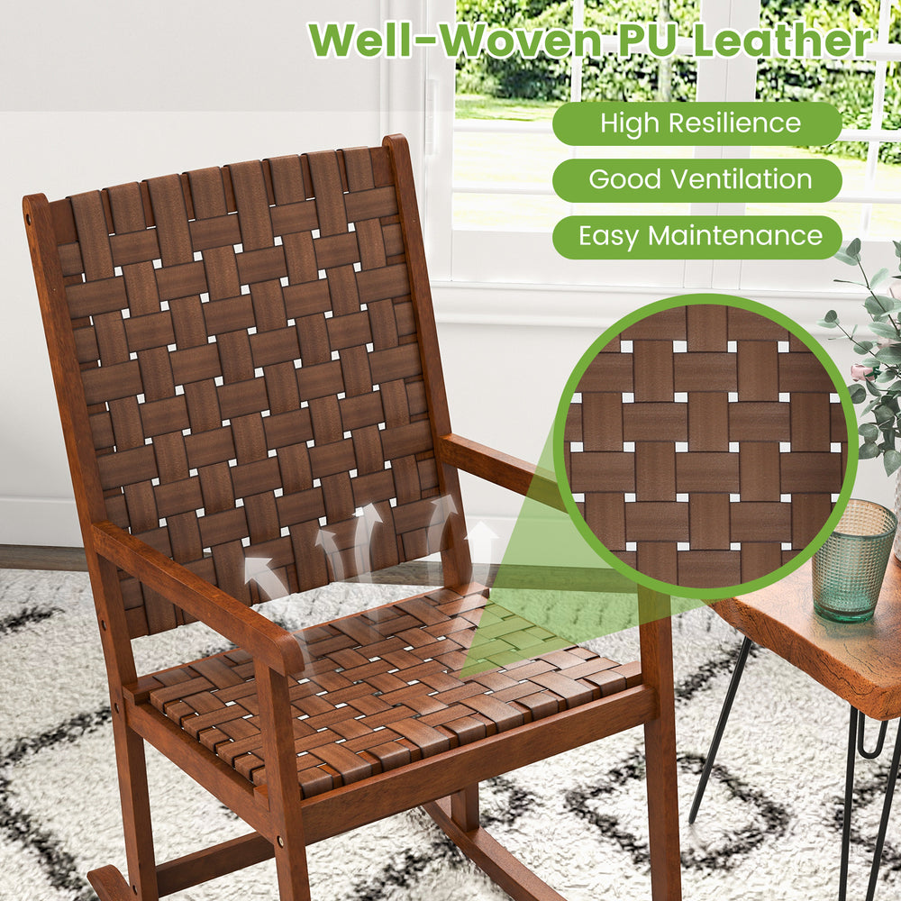 Patio wood rocking chair featuring a well-woven PU leather seat and durable rubber wood frame, ideal for indoor and.