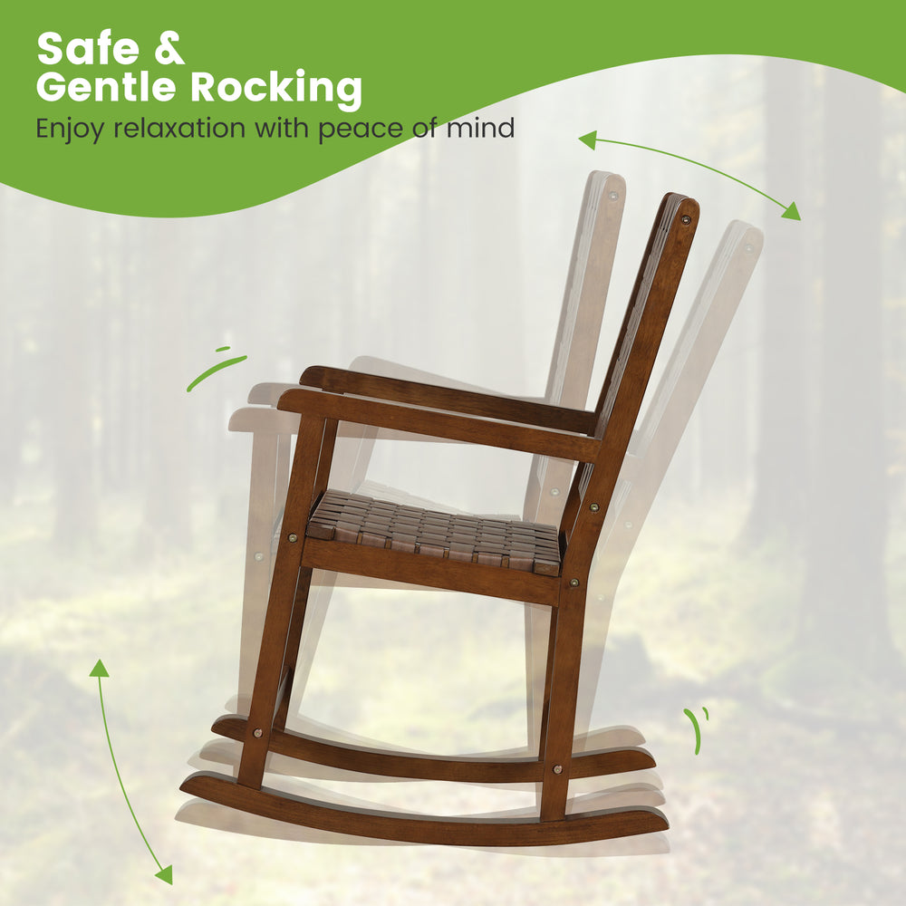 Brown patio wood rocking chair with PU seat, featuring a sturdy base for gentle rocking, ideal for indoor and outdoor.